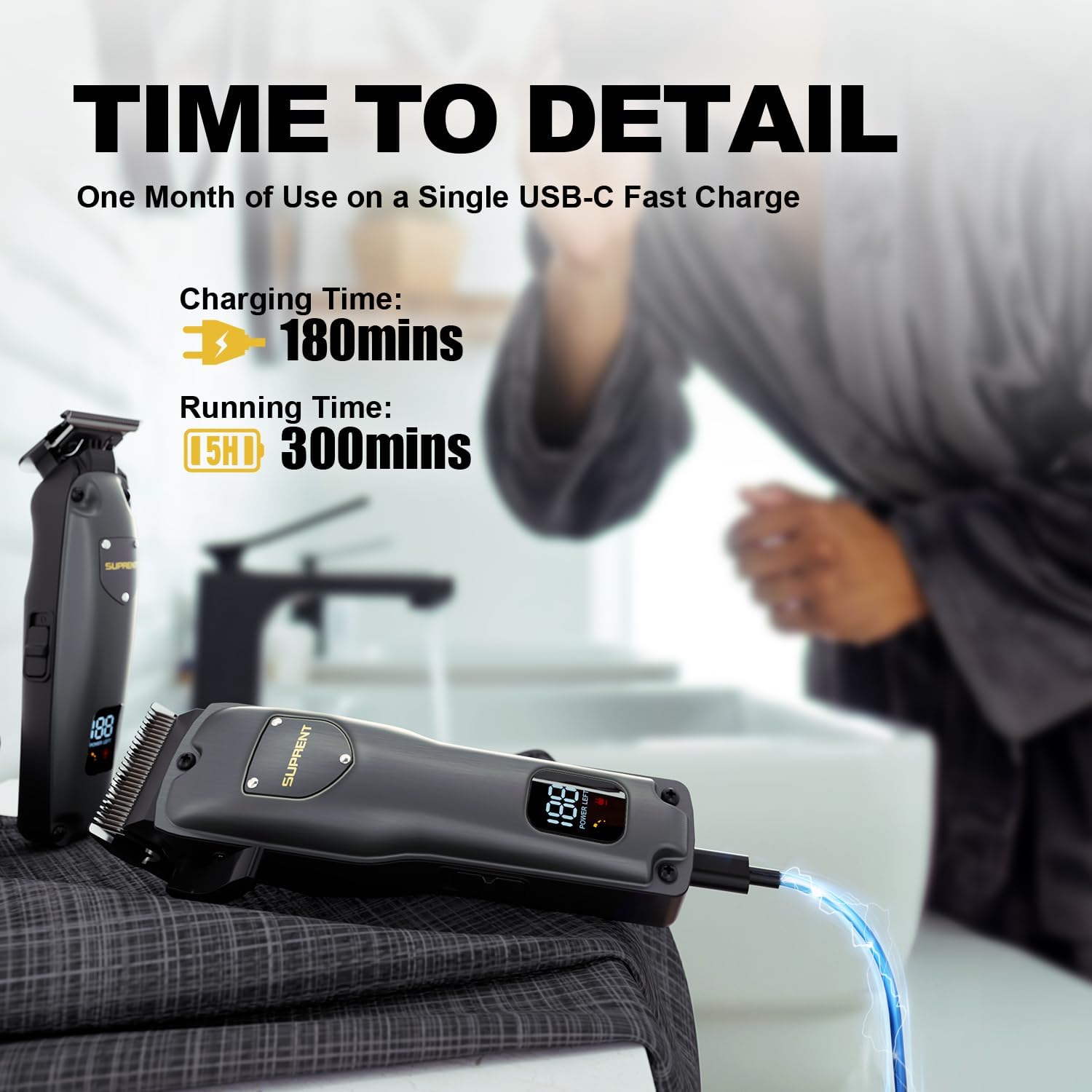 SUPRENT™ Gray Pro USB-C Grooming Kit — Cordless Professional Hair Clipper & Precision Trimmer with Smart LED Display