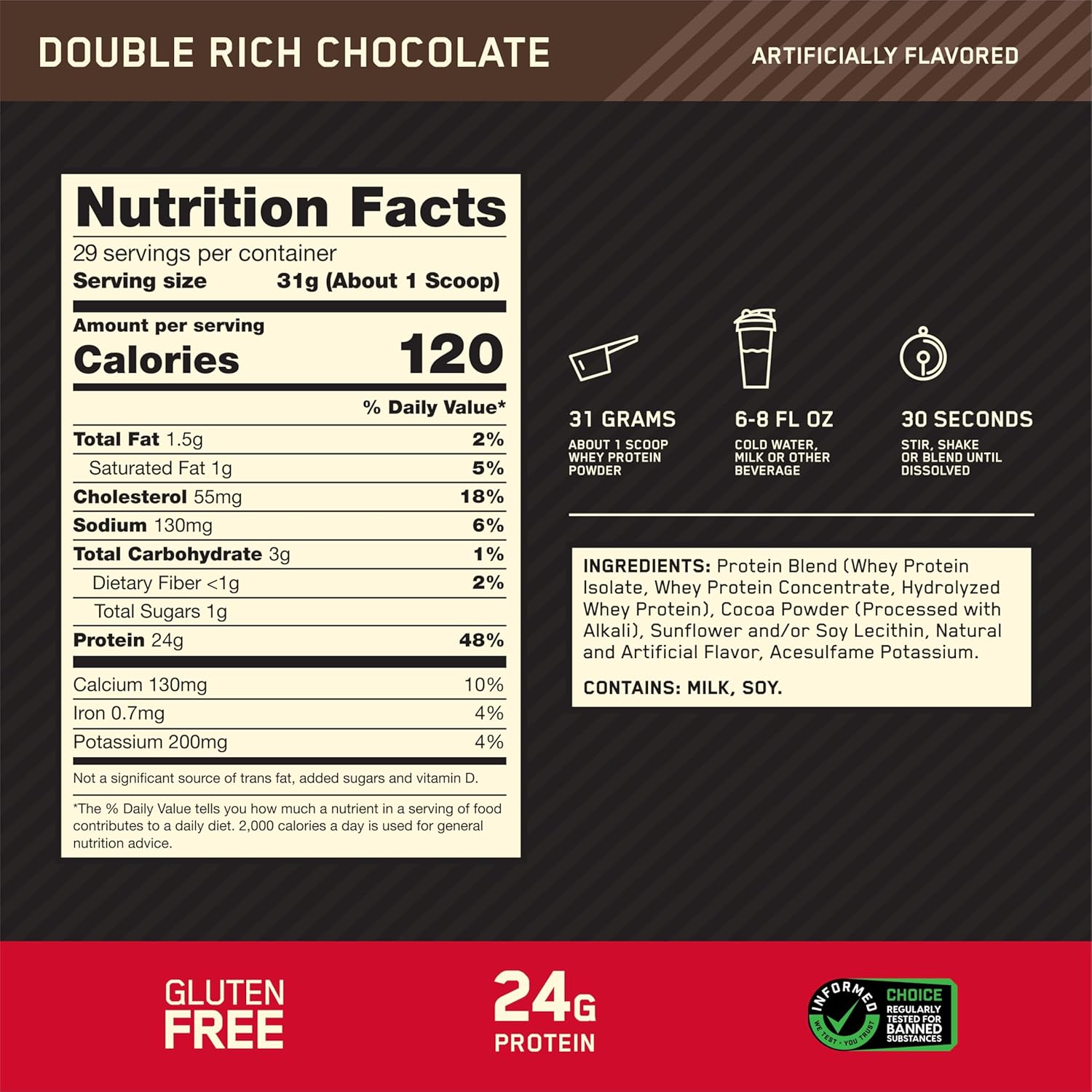 Optimum Nutrition Gold Standard 100% Whey Protein Powder, Double Rich Chocolate, 2 Pound