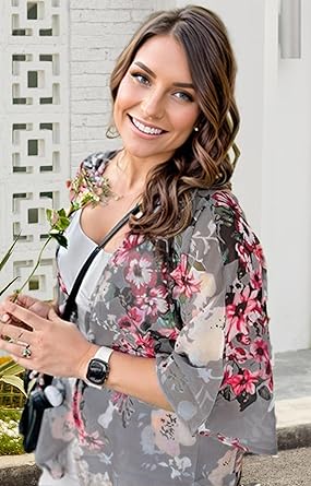 Women's Floral Print Puff Sleeve Kimono Cardigan Loose Cover Up Casual Blouse Tops