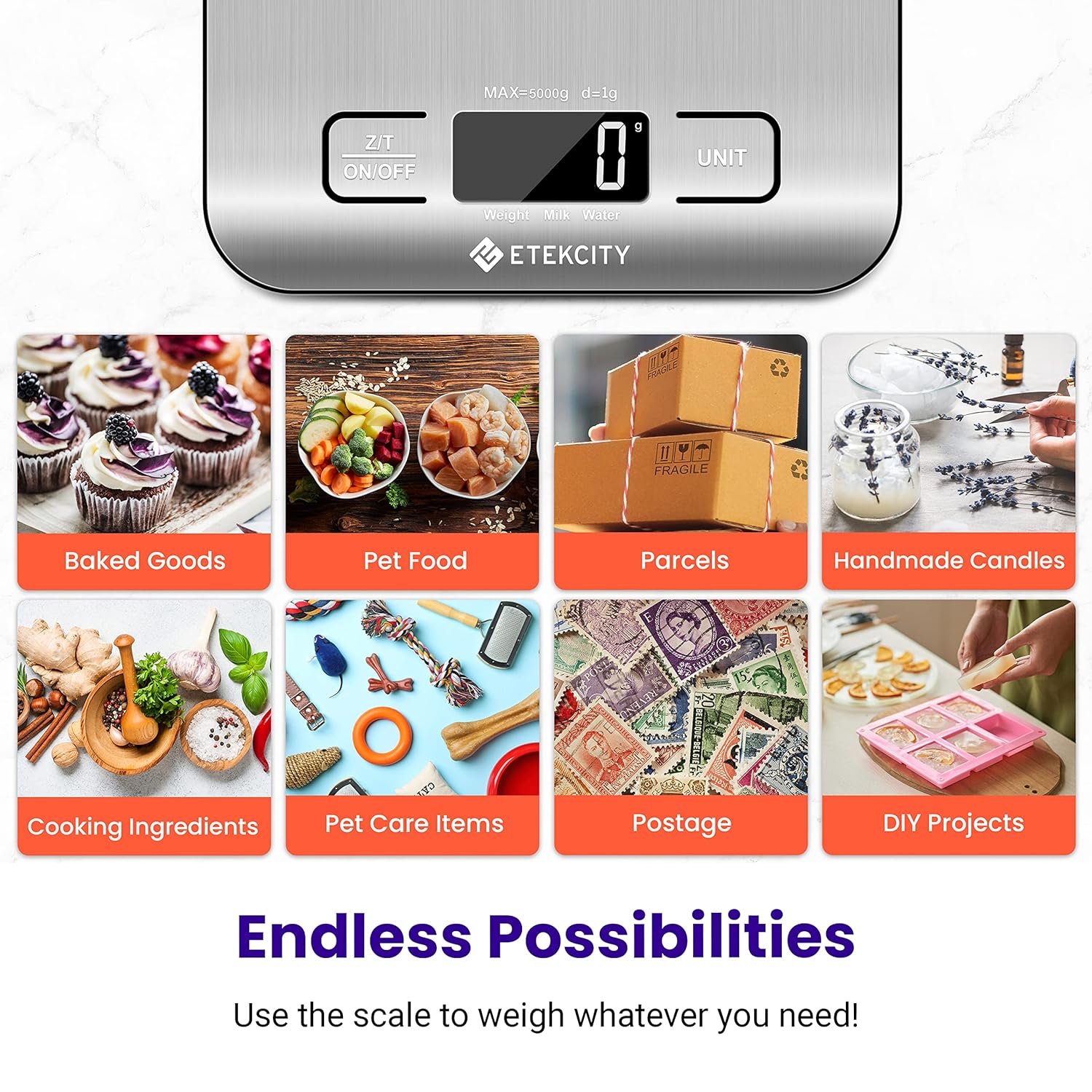 Etekcity Digital Kitchen Scale – Grams/Ounces, Stainless Steel, LCD, for Cooking & Meal Prep